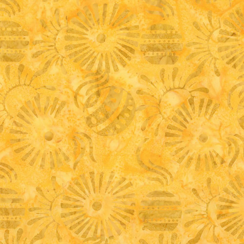 Riley Blake Fabrics Expressions Batiks Starburst Groove Sunshine Yellow Zinnia Balls, yellow batik fabric with starburst and ball pattern design.