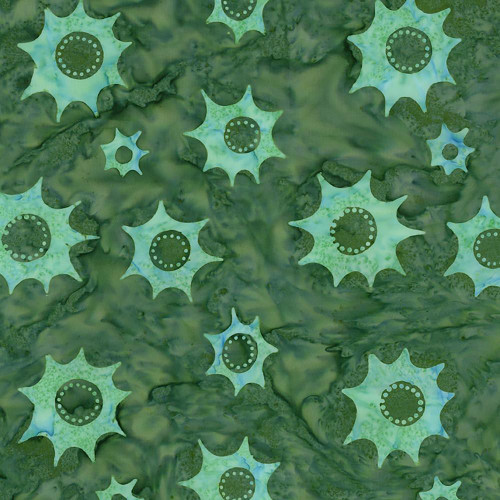Riley Blake Fabrics Expressions Batiks Starburst Groove Garden Party Green Gears, fabric featuring green and blue starburst gear patterns on a textured green background.