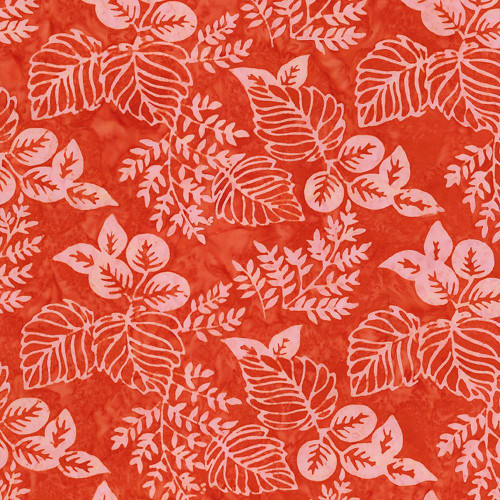 Riley Blake Fabrics Expressions Batiks Poppy Seeds Papaya Red Foliage Bouquets, vibrant fabric with red background and white botanical leaf pattern.