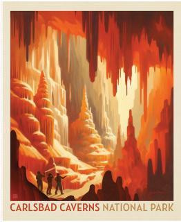 Riley Blake Fabrics United States National Parks Carlsbad Caverns Poster Panel 36x44, featuring an artistic depiction of the Carlsbad Caverns with two explorers exploring the underground caves, in warm orange, beige, and dark brown colors.