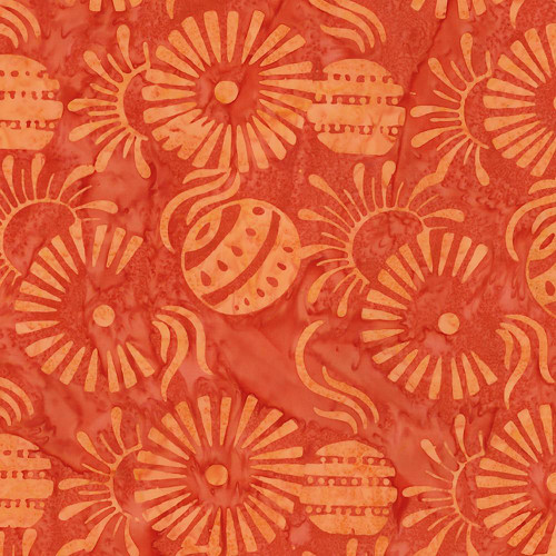 Riley Blake Fabrics Expressions Batiks Starburst Groove Pumpkin Zinnia Balls, close-up of batik fabric with orange background and patterns of starburst, groove, pumpkin, zinnia, and balls.