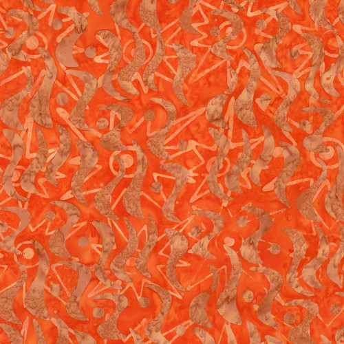 Riley Blake Fabrics Expressions Batiks Starburst Groove Mango Tango Orange, fabric with abstract orange starburst and swirl pattern.