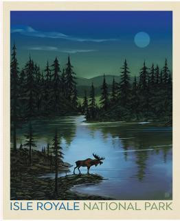 Riley Blake Fabrics United States National Parks Isle Royale Poster Panel 36 by 44, scenic poster depicting a nighttime landscape of Isle Royale National Park with a moose standing in a lake, forested shoreline, and a blue moon in the sky.