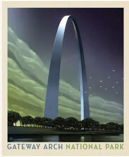 Riley Blake Fabrics United States National Parks Gateway Arch Poster Panel 36 by 44, featuring an artistic depiction of the Gateway Arch at Gateway Arch National Park against a dramatic sky with green clouds and a reflective river.