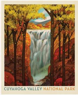 Riley Blake Fabrics United States National Parks Cuyahoga Valley Poster Panel 36 by 44, scenic landscape featuring a waterfall surrounded by vibrant autumn trees in a national park setting.