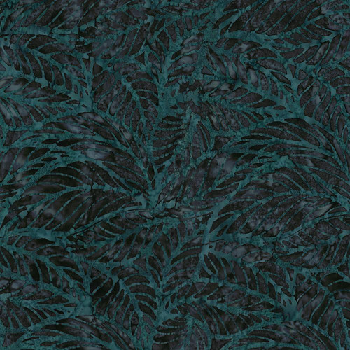 Riley Blake Fabrics Expressions Batiks Poppy Seeds Denim Bijou Blue Leavers, close-up of a fabric with a tropical leaf pattern in various shades of blue and black.