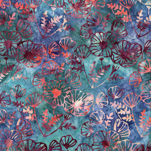 Riley Blake Fabrics Expressions Batiks Poppy Seeds Paradise Blue Pink Poppy Stems