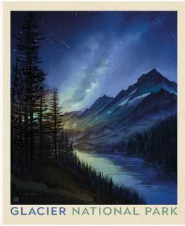 Riley Blake Fabrics United States National Parks Glacier Poster Panel 36x44, scenic landscape featuring a mountain range, pine trees, a river, and a starry night sky.