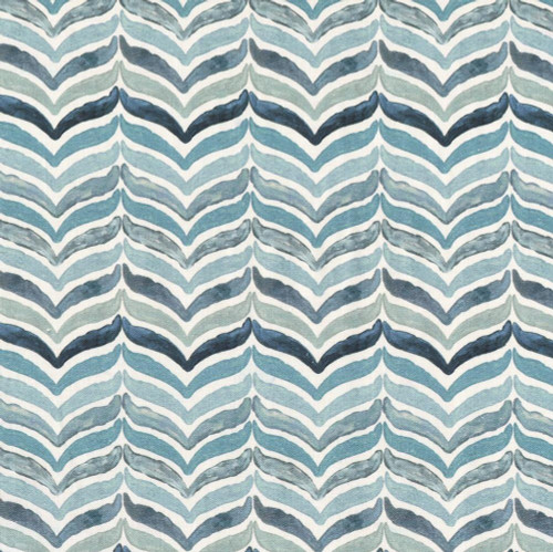 Studio E Fabrics A Drop in the Ocean Cathy Walters Slate Tail Chevron, fabric with recurring arrowhead pattern in various shades of blue and gray.
