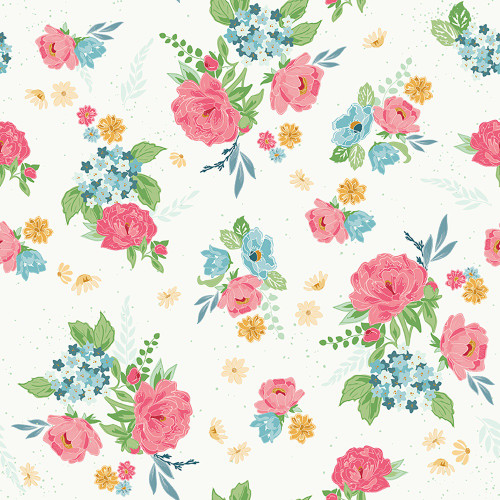 Riley Blake Fabrics Correspondence by Beverly McCollough Peony Flower Bouquet Sand Dollar