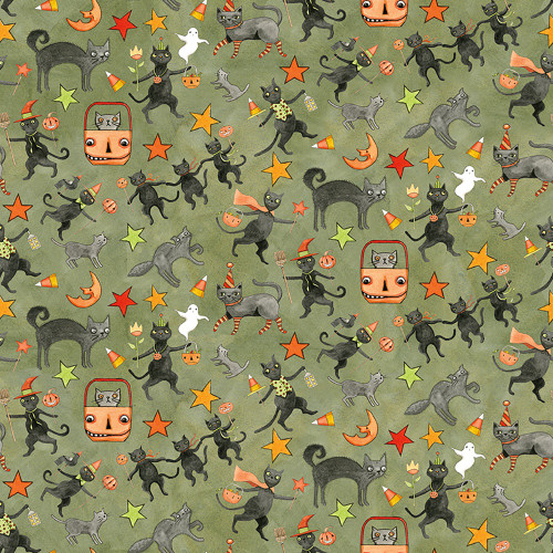 Riley Blake Fabrics Spooky Teresa Kogut Spooky Cats Green