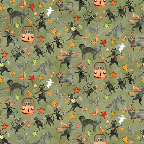 Riley Blake Fabrics Spooky Teresa Kogut Spooky Cats Green
