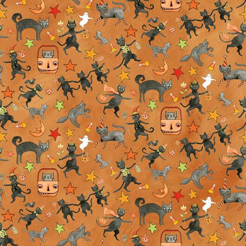 Riley Blake Fabrics Spooky Teresa Kogut Spooky Cats Orange