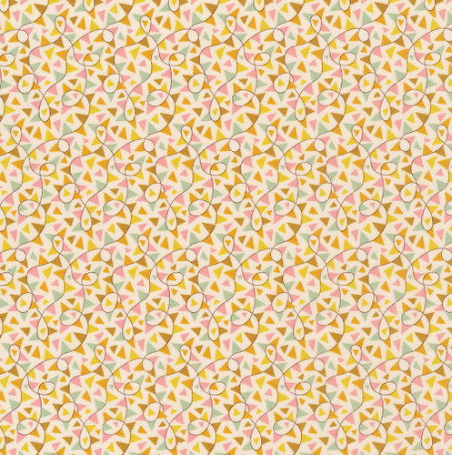Riley Blake Fabrics Liberty Fabrics Lasenby Cotton Summer Fair Fun Fair Bunting D Gold Brown, colorful bunting pattern with pink, yellow, green, and brown triangles and strings on a cream background.