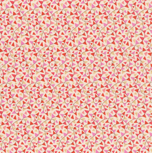 Riley Blake Fabrics Liberty Fabrics Lasenby Cotton Summer Fair Fun Fair Bunting C Pink Red, colorful bunting pattern with pink, red, and beige geometric shapes.
