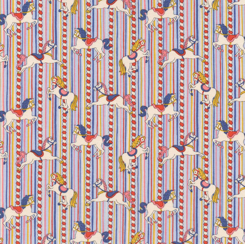 Riley Blake Fabrics Liberty Fabrics Lasenby Cotton Summer Fair Emolly Carousel A Red Blue Gold, colorful carousel horses and striped background fabric.
