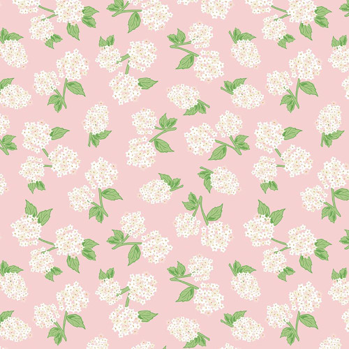 Riley Blake Fabrics Correspondence by Beverly McCollough Hydrangeas Pink Dogwood, a floral fabric with white hydrangea flowers and green leaves on a pink background.