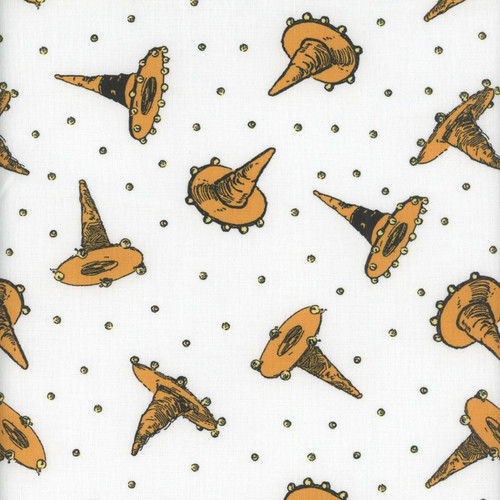 Riley Blake Fabrics Scary Scraps Janet Wecker Frisch Festive Hat Toss White, fabric with cartoon-style orange witch hats decorated with small yellow balls on a white background.