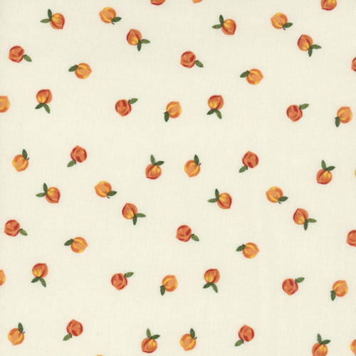 Riley Blake Fabrics Southern Charm Peaches Cloud, fabric with a white background featuring small peach illustrations with green leaves arranged in a scattered pattern.