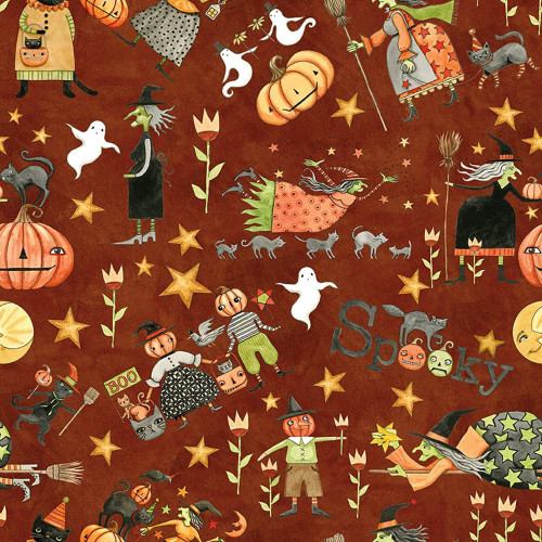 Riley Blake Fabrics Spooky Teresa Kogut Spooky Pumpkin Scarecrows Rusty Oak, Halloween themed fabric with witches, pumpkins, cats, ghosts, and stars on a rust-colored background.