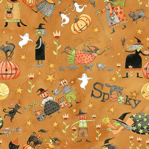 Riley Blake Fabrics Spooky Teresa Kogut Spooky Pumpkin Scarecrows Gourd, Halloween-themed whimsical illustration with witches, pumpkins, cats, ghosts, and stars on an orange background.