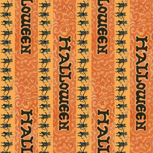 Riley Blake Fabrics Spooky Teresa Kogut Spooky Halloween Stripe Pumpkin, orange fabric with black cats, pumpkins, stars, and swirling designs in Halloween theme.