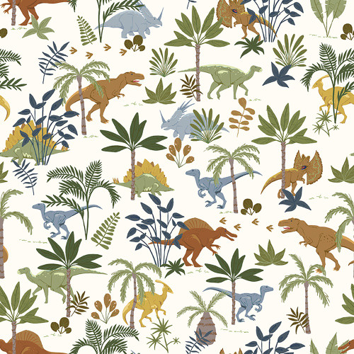 Riley Blake Fabrics Designer Flannel Cretaceous Jungle Dinos Off White