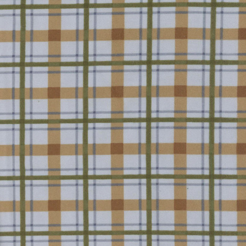 Riley Blake Fabrics Designer Flannel Cretaceous Plaid Gray, fabric with a classic plaid pattern featuring gray, tan, and white colors.