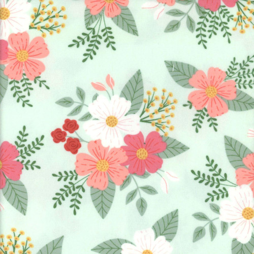 Riley Blake Fabrics Designer Flannel Meadow Moments Floral Mint, fabric with a floral pattern featuring pink and white flowers with green leaves on a mint green background.