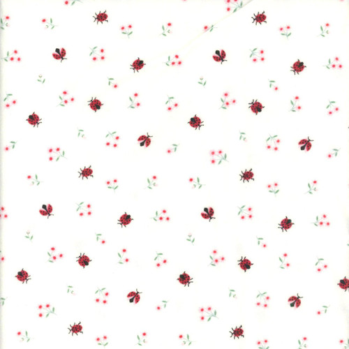 Riley Blake Fabrics Designer Flannel Meadow Moments Ladybugs Cream, fabric with red ladybugs and small pink flowers on a cream background.