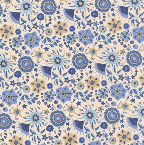 Riley Blake Fabrics Liberty Fabrics Lasenby Cotton Summer Fair Festival Florals B Blue Green, detailed floral and star pattern in blue, beige, and green colors on fabric.