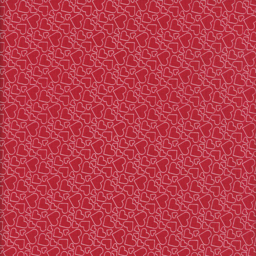 Riley Blake Fabrics Seasonal Basics Heart Outlines Red, red fabric with white heart outlines pattern.