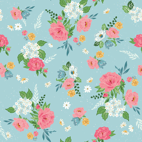 Riley Blake Fabrics Correspondence by Beverly McCollough Peony Flower Bouquet Aqua