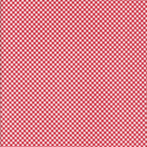 Riley Blake Fabrics Seasonal Basics Gingham Red, close-up of red and white gingham fabric pattern with small checked design.