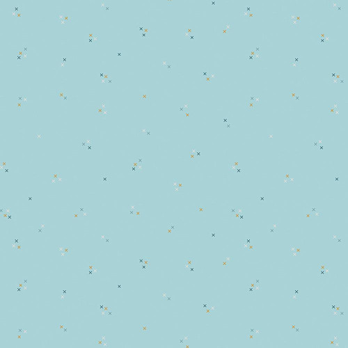 Riley Blake Fabrics Correspondence by Beverly McCollough Stitching Aqua, fabric with small scattered multicolored crosses on aqua background.