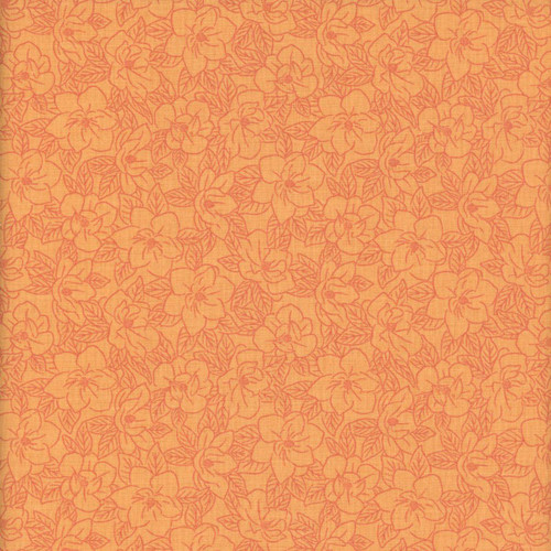 Riley Blake Fabrics Southern Charm Magnolia Tonal Orange, a fabric with a floral pattern featuring magnolia flowers and leaves in tonal orange shades.