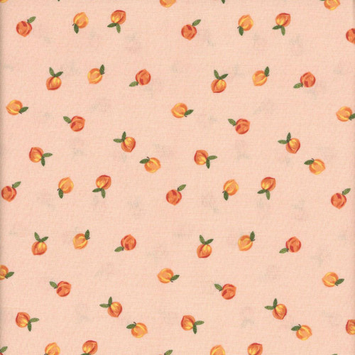 Riley Blake Fabrics Southern Charm Peaches Peaches 'n Cream, fabric with a peach fruit pattern on a light pink background.