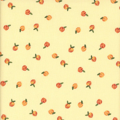 Riley Blake Fabrics Southern Charm Peaches Yellow, fabric with small peach illustrations on a soft yellow background.