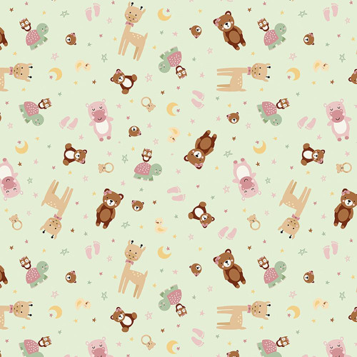 Riley Blake Fabrics Designer Flannel Baby Girl Animal Toss Pink, cute baby animal print with bears, rabbits, turtles, and stars on pink background