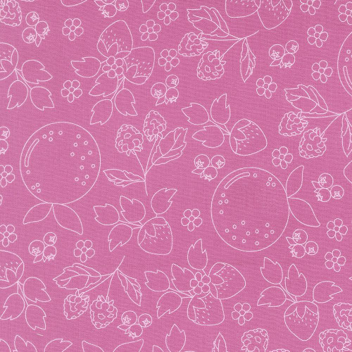 Moda Fabrics Fruit Salad Corey Yoder Fruit Sketch Toile Petal Pink fabric, pink background with white line drawing of strawberries, berries, and floral patterns.