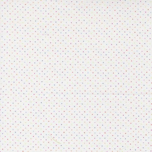 Moda Fabrics Fruit Salad Corey Yoder Pin Dot Off White Multi, colorful polka dot fabric with small red, blue, yellow, and purple dots on a white background for quilting or sewing projects.