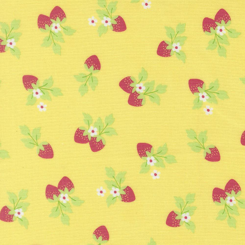 Moda Fabrics Fruit Salad Corey Yoder Strawberries Sunshine Yellow fabric, featuring a pattern of strawberries with green leaves and small white flowers on a bright yellow background.