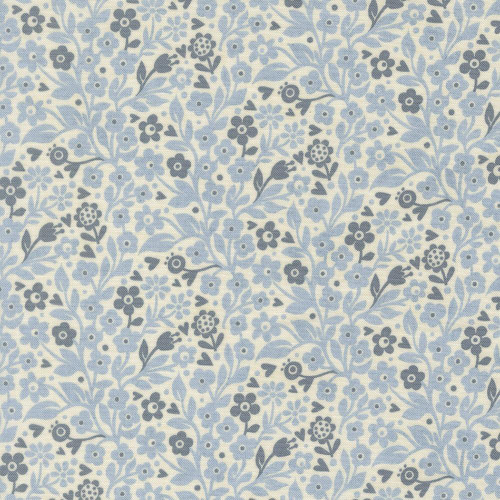 Moda Fabrics Fieldrush BasicGrey Ivy Floral Ivy Bramble Blue, fabric with a blue and white floral and leaf pattern.