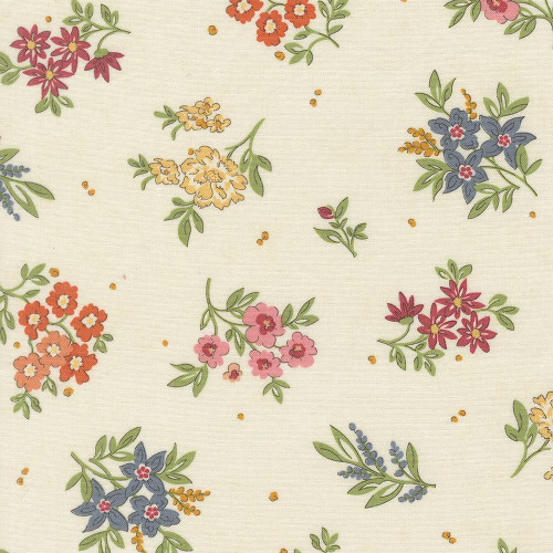 Moda Fabrics Fieldrush BasicGrey Camellia Floral Camellia Opal Multi, floral fabric pattern with colorful flowers and green leaves on a light background.
