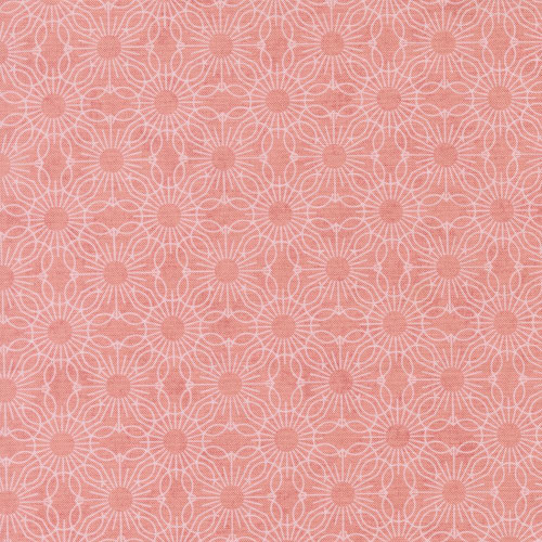 Moda Fabrics Fieldrush BasicGrey Jasmine Medallion Dot Jasmine Peony Pink, fabric with a white geometric floral pattern on a pink background.