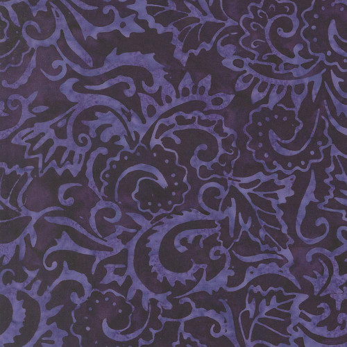 Moda Fabrics Mermaid Batiks Moda Amethyst Purple, intricate purple and black batik fabric with floral and paisley patterns.