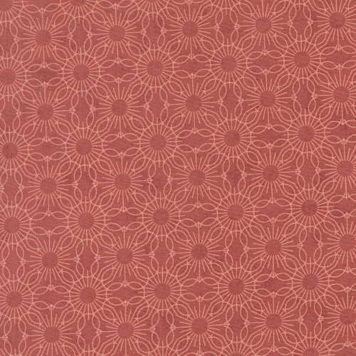 Moda Fabrics Fieldrush BasicGrey Jasmine Medallion Dot Jasmine Azalea Red, textile pattern featuring a repeating floral medallion and dot design in red and white colors.