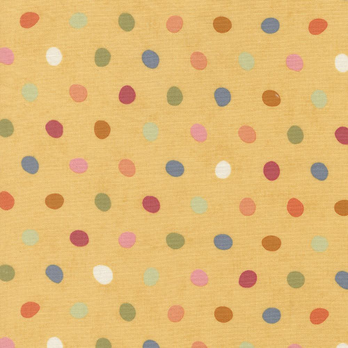Moda Fabrics Fieldrush BasicGrey Poppy Dots Poppy Sunshine Yellow, fabric with multicolored polka dots on a yellow background.