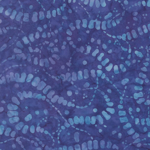 Moda Fabrics Mermaid Batiks Moda Ocean Blue, vibrant blue textile with abstract mermaid-inspired pattern in various shades of blue.