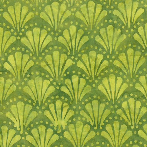 Moda Fabrics Mermaid Batiks Moda Seaweed Green, fabric with an intricate seaweed-inspired pattern in shades of green and yellow.